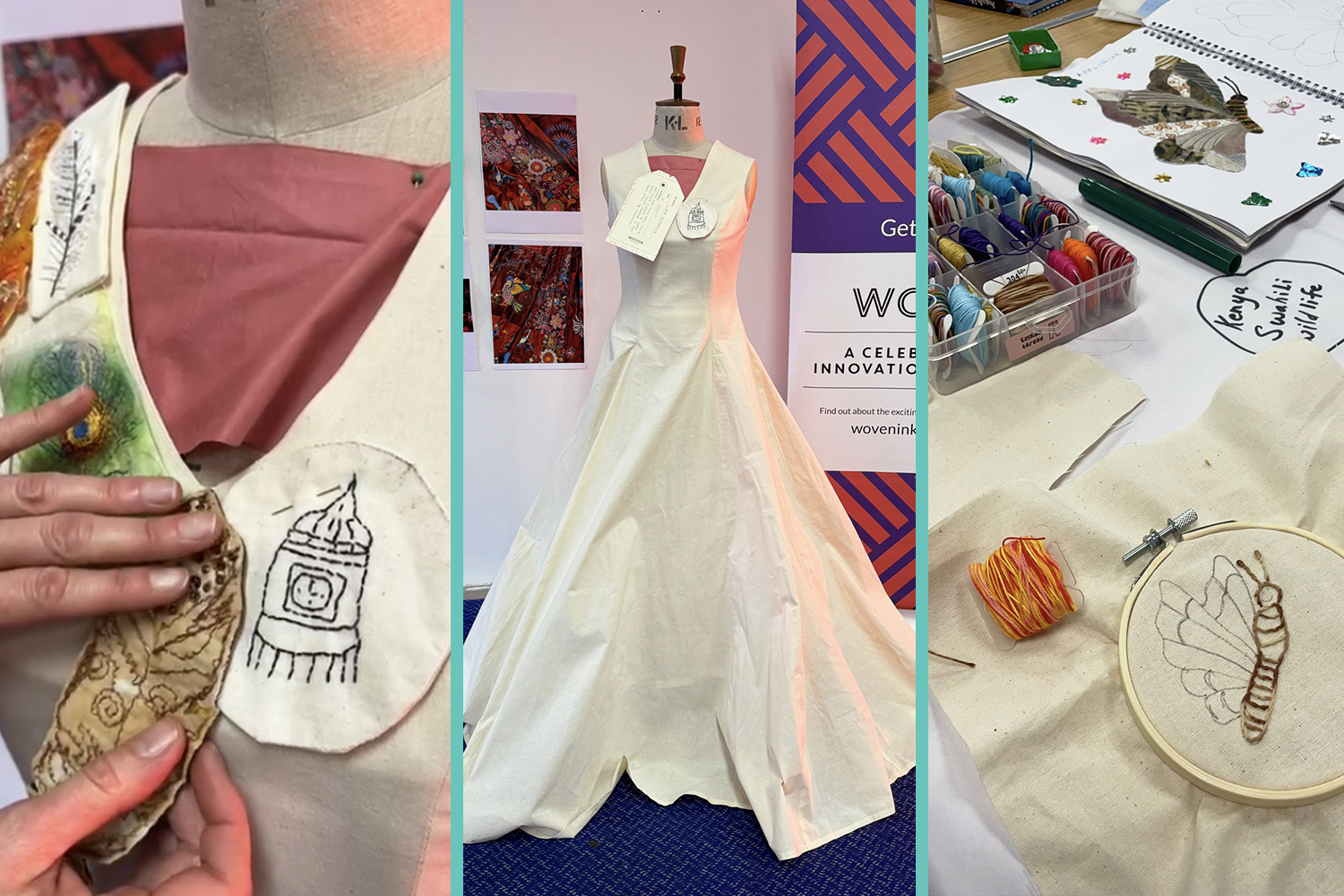 A montage of images of the calico dress and patch making